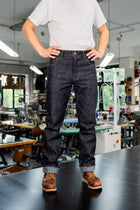 H3-26 - straight cut jeans - 17 oz selvage denim - herringbone lined hem